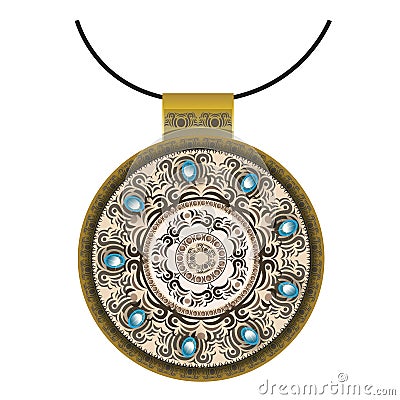 Gold jewelery mandala, decorated with turquoise and jasper on black background. Vector Illustration