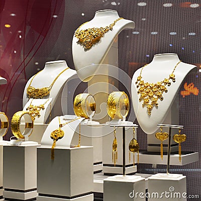 Gold jewelry shop window Stock Photo