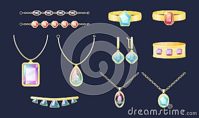 Gold jewelry women jewelry with precious stones and diamonds. Set of vector cartoon isolated expensive treasure with Vector Illustration