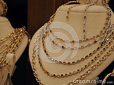 Gold jewels in ponte vecchio florence shops Stock Photo