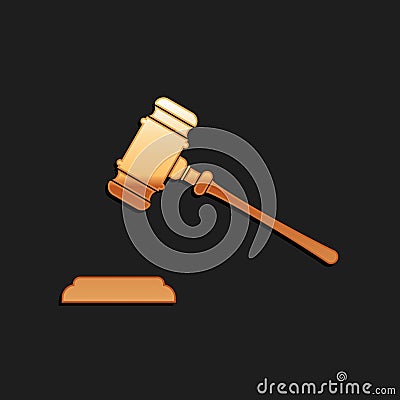 Gold Judge gavel icon isolated on black background. Gavel for adjudication of sentences and bills, court, justice, with Vector Illustration