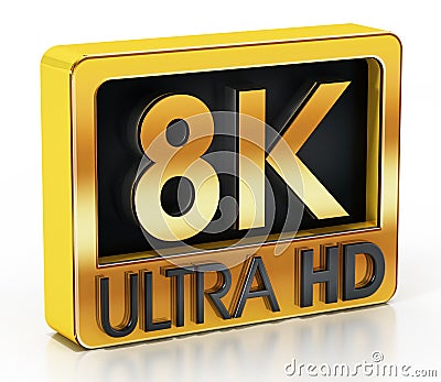 Gold 8K Ultra HD label isolated on white background. 3D illustration Cartoon Illustration