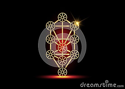 Gold Kabbalah Tree of Life icon symbol design. Illustration isolated on black background. Luxury Golden sign. Main glyph Vector Illustration