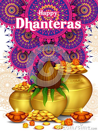 Gold Kalash with decorated diya for Happy Dhanteras Diwali festival holiday celebration of India greeting background Vector Illustration