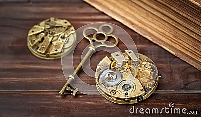 Gold key and clockworks, escape room game banner Stock Photo