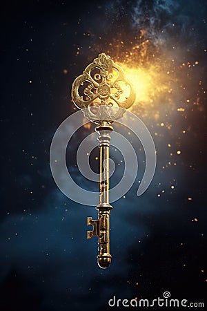 gold key dissolving in embers and fire. Dark blue background. Stock Photo