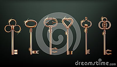 Gold keys. Old golden lock for vintage or antique classic home door with luxury medieval metal ornate different forms Stock Photo