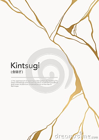 Gold kintsugi crack poster. Japanese art of repairing broken pottery. Asian philosophy for repairing broken things Vector Illustration