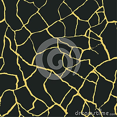 Gold kintsugi crack vector seamless pattern background. Golden irregular joined crackle lines on black backdrop Vector Illustration