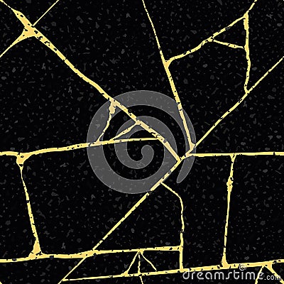 Gold kintsugi crack vector seamless pattern background. Golden irregular joined lines on black backdrop. Japanese art Vector Illustration