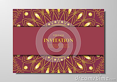 Gold lace on red background vintage card mandala design vector Vector Illustration
