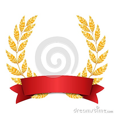 Gold Laurel Vector. Set Shine Wreath Award Design. Red Ribbon. Place For Text Vector Illustration