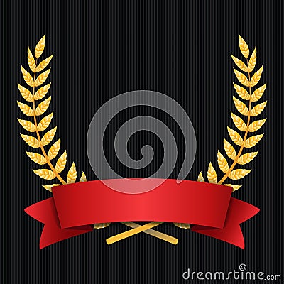 Gold Laurel Vector. Shine Wreath Award Design. Red Ribbon. Place For Text Vector Illustration