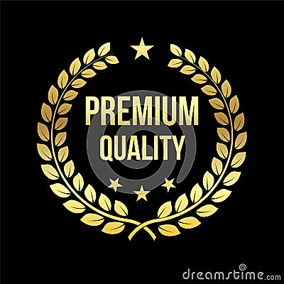 Gold Laurel Wreath. Premium Quality Award. Golden badge. Design element for sale, retailing theme. Vector illustration. Vector Illustration