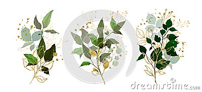 Gold leaves green tropical branch plants wedding bouquet with golden splatters Vector Illustration