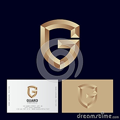 Gold letter G like a shield. G monogram. Emblem of antivirus or protection system. Vector Illustration