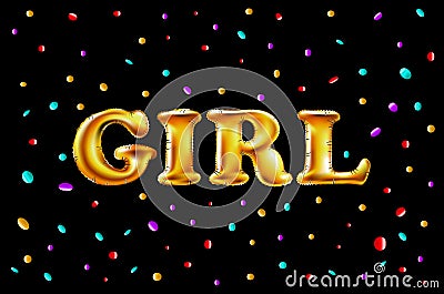 Gold letter girl shine glossy metalic balloons. happy Birthday characters. For celebration, party, date, invitation, event, card, Vector Illustration