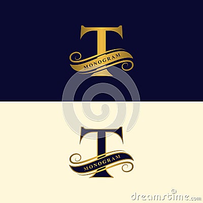 Gold letter T. Calligraphic beautiful logo with tape for labels. Graceful style. Vintage drawn emblem for book design, brand name, Vector Illustration