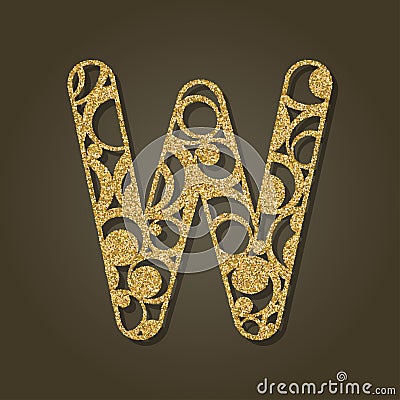 Gold letter W for laser cutting. English alphabet. Vector Illustration