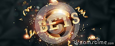 Gold Lettering Bets against soccer ball and dark background. Bets, sports betting, watch sports and bet. Flyer, design, layout. 3D Cartoon Illustration