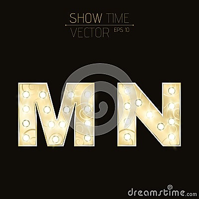 Gold letters M and N with sparkling light bulbs and a pattern. Alphabet for presentations and shows. Realistic illustration Cartoon Illustration