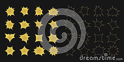 Gold like isolated silhouette and out line pointy distorted random shapes design elements template set on black Vector Illustration