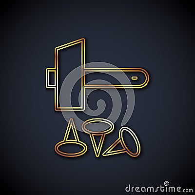 Gold line Crucifixion of Jesus Christ icon isolated on black background. Hammer and old nails. Good Friday, Passion of Vector Illustration