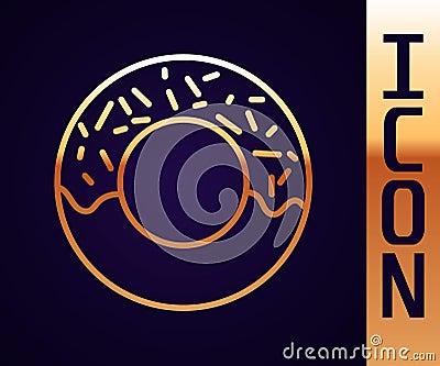 Gold line Donut with sweet glaze icon isolated on black background. Vector Illustration Vector Illustration