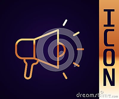 Gold line Megaphone icon isolated on black background. Speaker sign. Vector Stock Photo