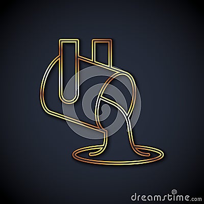 Gold line Molten gold being poured icon isolated on black background. Molten metal poured from ladle. Vector Vector Illustration