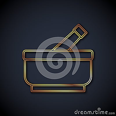 Gold line Mortar and pestle icon isolated on black background. Vector Stock Photo