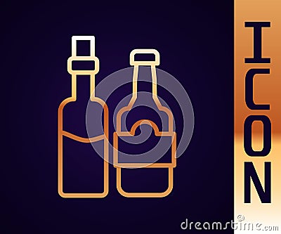 Gold line Whiskey bottle icon isolated on black background. Vector Vector Illustration