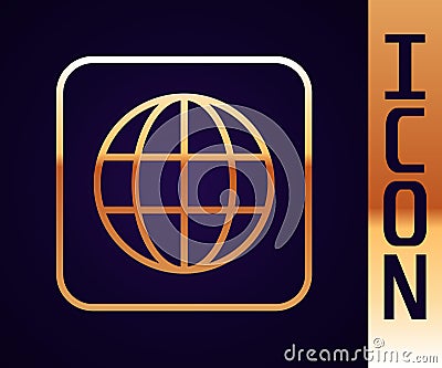 Gold line Worldwide icon isolated on black background. Pin on globe. Vector Vector Illustration