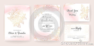 Gold lineart floral wedding invitation card template set with peach watercolor. Abstract background save the date, invitation, Vector Illustration