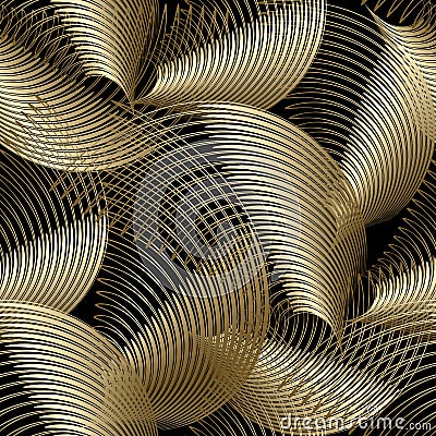 Gold luxury 3d abstract vector seamless pattern. Ornamental flowing swirl shapes background. Spiral line art tracery Vector Illustration