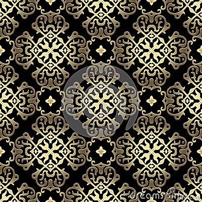 Gold luxury 3d Damask seamless pattern. Floral ornamental arabic background. Repeat vector arabesque backdrop. Royal shiny Vector Illustration