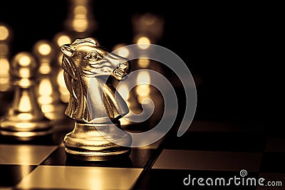 Gold luxury Elegant Chess horse piece with black space for text. Successful Business leader concept Stock Photo