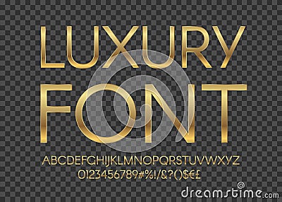 Gold luxury letters. Golden font. Elegant metal effect. Vector gloss typography. Fashoin digital fonts. Vector Illustration