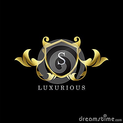 Gold Luxury Shield S Letter Logo. Elegance logo vector template made of wide silver alphabet font on shield frame ornate luxury Vector Illustration