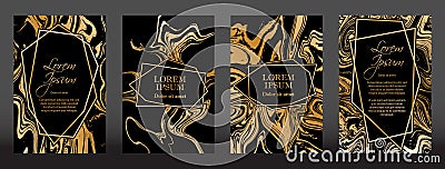 Gold marble texture and geometric frames on black backgrounds vector set. Vector Illustration