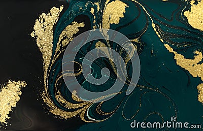 Gold marbling texture design. Blue and golden marble pattern. Fluid art. Stock Photo