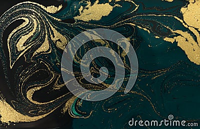 Gold marbling texture design. Blue and golden marble pattern. Fluid art. Stock Photo