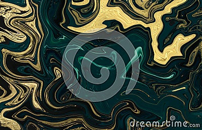 Gold marbling texture design. Dark green and golden marble pattern. Fluid art. Stock Photo
