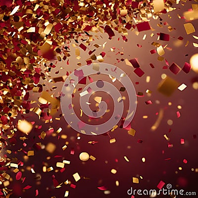 Gold and maroon confetti on a red background. New Year's fun and festiv Vector Illustration