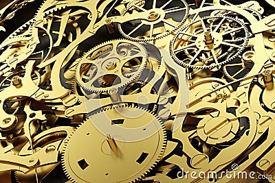 Gold mechanism, clockwork with working gears. Stock Photo