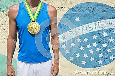 Gold Medal Athlete Standing Brazilian Flag Rio Stock Photo