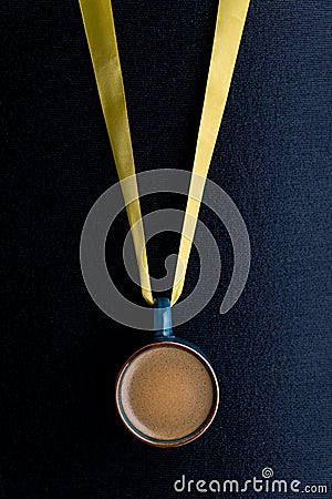 Gold medal coffee cup, focus on cup progress, champion, championship space, flat lay, flatlay, empty, layout, life style, modern Stock Photo