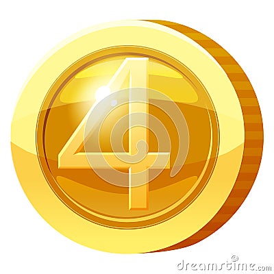 Gold Medal Coin Number 4 symbol. Golden token for games, user interface asset element. Vector illustration Vector Illustration