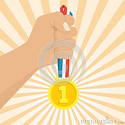 Gold medal in hand. Vector Illustration