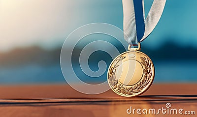 Cheerful little sports girl celebrating the win wearing a gold medal. Proud child athlete champion first place gold medal around Stock Photo